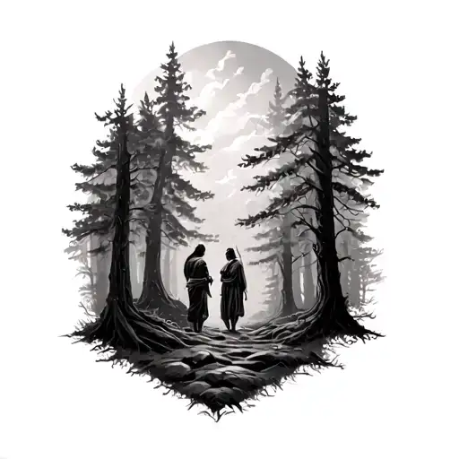 ades and duentes in a forest tattoo design idea