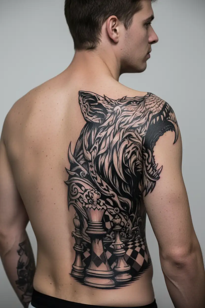 Lone wolf on a chess board. with no chess pieces. The other side is animals from the jungle, e.g. Snake and lion tattoo design idea
