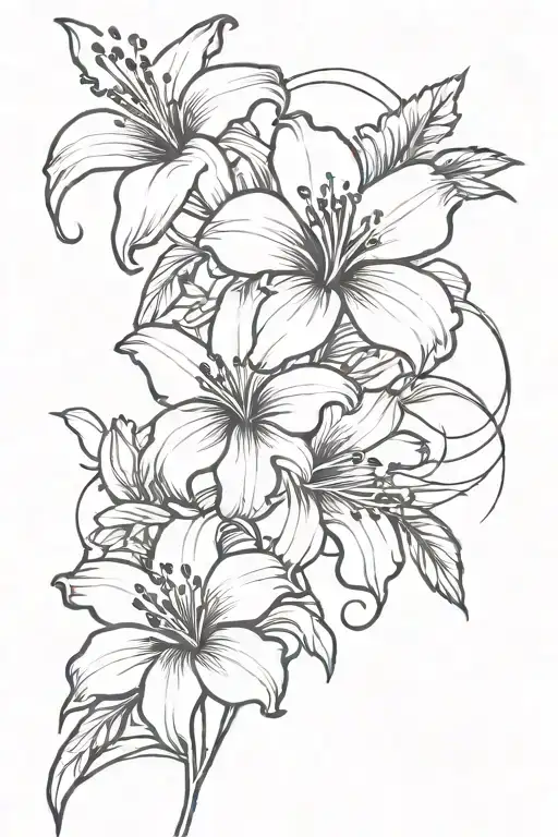 Lily And Hibiscus Flowers With Ocean Waves, long stems, and line work tattoo design idea