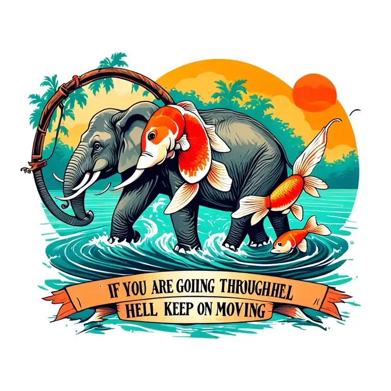 elephants walking with koi fish swimming upstream and the saying "if you are going through hell keep on moving" tattoo design idea