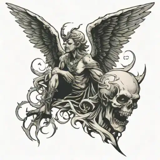 dark angel ripping head off lucifer with falling angels in background  tattoo design idea