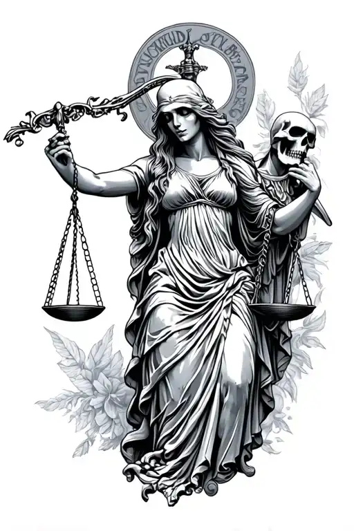 lady justice holdimg scales with the grim reaper tattoo design idea