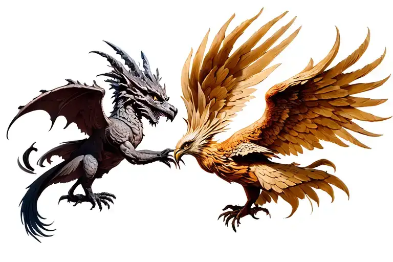 chest tattoo with a medieval gargoyle on one side and a fenix on the other. facing and reaching for eachother. symmetry tattoo design idea