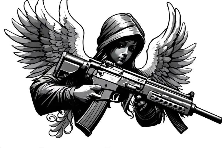 angel holding ak 47 rifle tattoo design idea