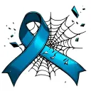 blue cancer ribbon torn apart but connected with a widows web top of ribbon has bits flying off of it free  tattoo design idea