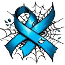blue cancer ribbon torn apart but connected with a widows web top of ribbon has bits flying off of it free  tattoo design idea