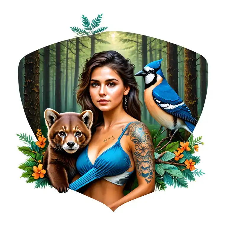 Create a photorealsitic image of a woman full back tattoo in a forest theme, featuring a bear cub, bobcat, blue jay, fal tattoo design idea