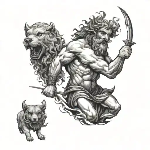 Zeus holding a lightning, hades holding cerberus, Poseidon holding his spear tattoo design idea