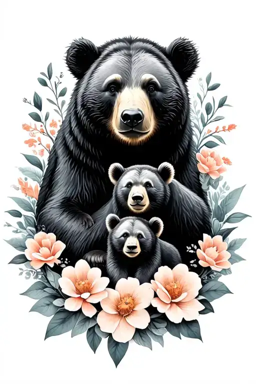 mama bear and 2 cubs surrounded by flowers intertwined tattoo design idea