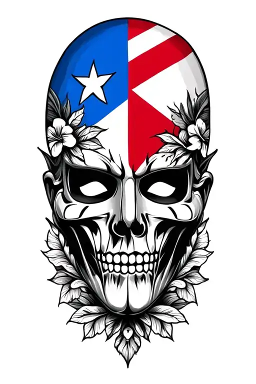 Puerto Rico vejigante mask with flag and flowers of puerto rico tattoo design idea