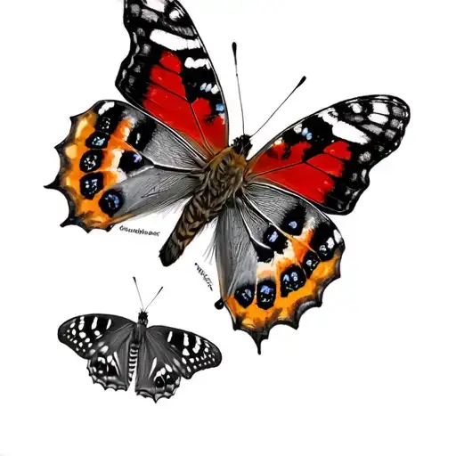 Red Admiral Butterfly, on top of painted jezebel butterfly, on top of painted lady butterfly, on top of common buckeye tattoo design idea