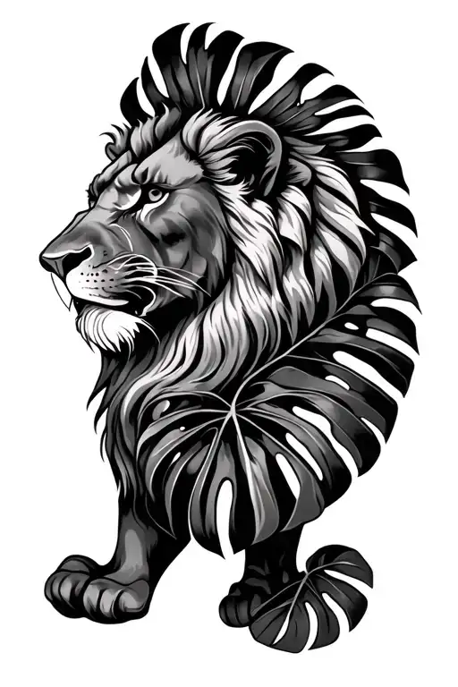 lion monstera tattoo design idea