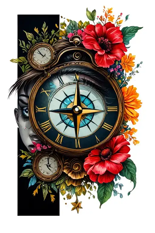 outer forearm half sleeve with a clock, compass, and eye or face and flowers  tattoo design idea