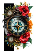 outer forearm half sleeve with a clock, compass, and eye or face and flowers  tattoo design idea