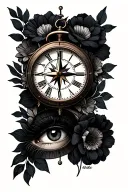 outer forearm half sleeve with a clock, compass, and eye or face and flowers  tattoo design idea