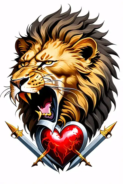 lion head roaring combined with heart and daggers in the heart tattoo design idea