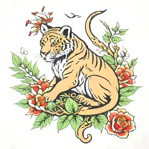 lioness flower lotus fern cherry tree and mark below felicita tattoo design idea