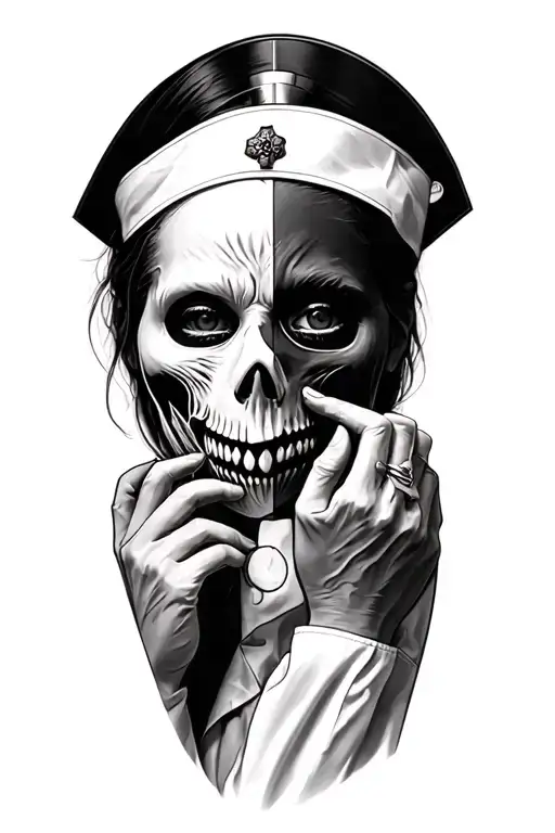 tattoo for upper arm of a nurses with half human /halfzombie face removing dr.plague mask tattoo design idea
