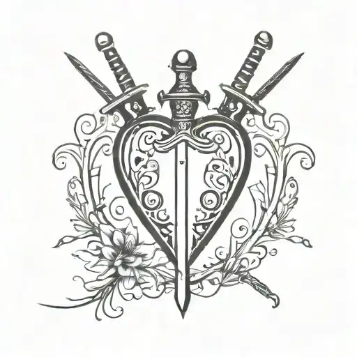 Heart with a sword running through the middle of it, in a delicate way tattoo design idea