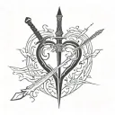 Heart with a sword running through the middle of it, in a delicate way tattoo design idea