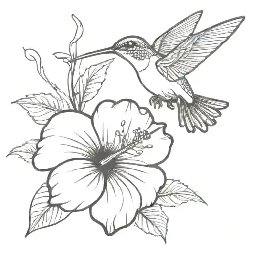 flying hummingbird pollinates an open hibiscus with ornaments tattoo design idea