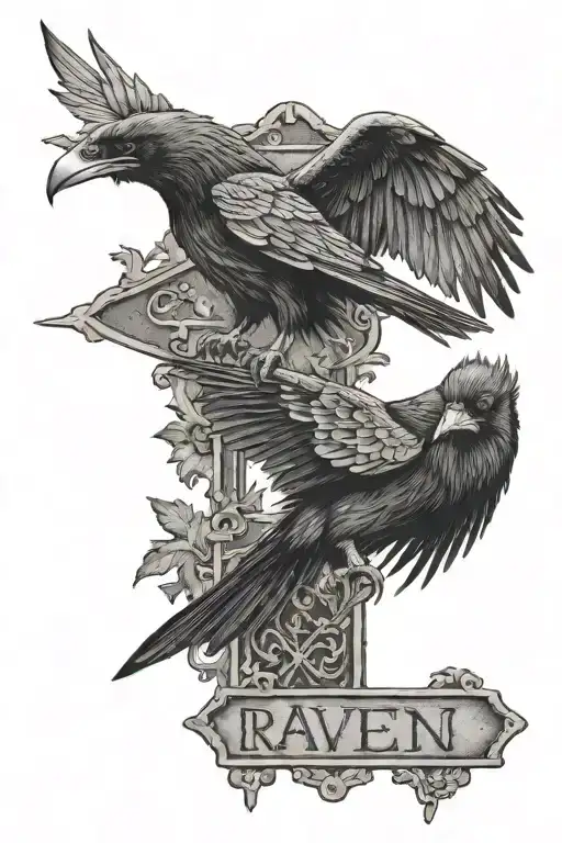 Odins ravens Huginn and Muninn flying over a road sign and mill tattoo design idea