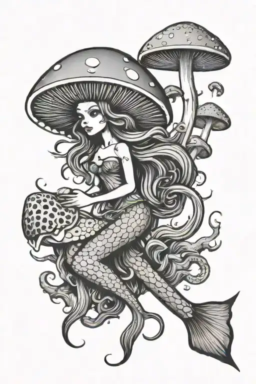 creepy mushroom mermaid simple lines tattoo design idea