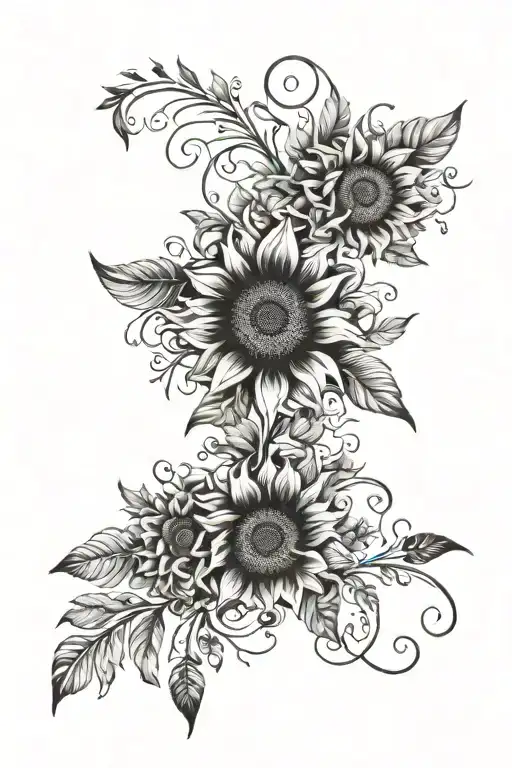 floral sunflower vine and feathers tattoo design idea