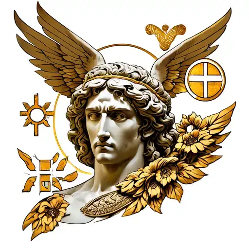 A contemporary tattoo design inspired by the Greek god Apollo, combining his sacred symbols into one harmonious composit tattoo design idea