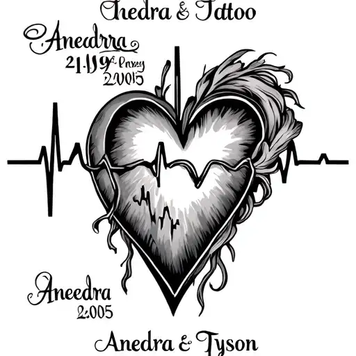 create heartbeat tattoo with the names Aneadra and Tyson and the date 2/19/2005 integrated into the heartbeat with heart tattoo design idea