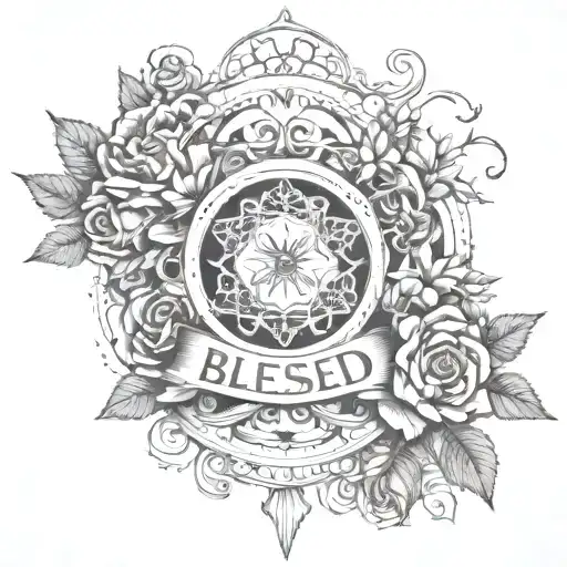 "blessed" on a banner with roses and thorns tattoo design idea