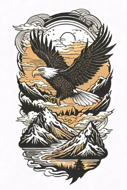 A majestic bald eagle soaring over a mountain landscape at sunrise tattoo design idea