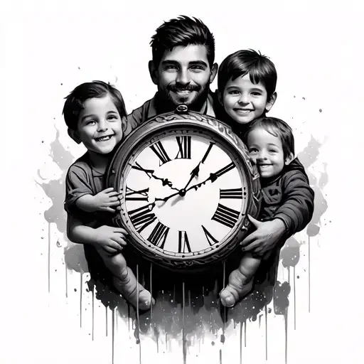 clock with father and two kids hand tattoo design idea