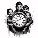 clock with father and two kids hand tattoo design idea
