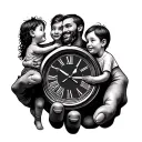clock with father and two kids hand tattoo design idea
