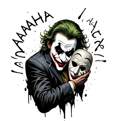 Joker holding mask with hahaha around him tattoo design idea