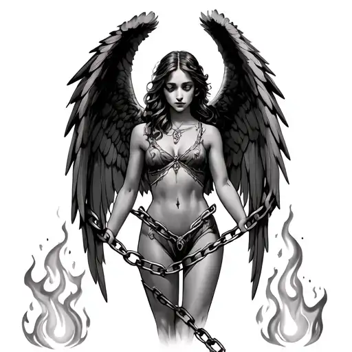 Fallen angel with fire wings break chains tattoo design idea