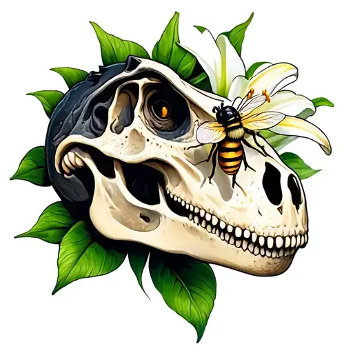 dinosaur skull with lily flower with a bee on a petal tattoo design idea