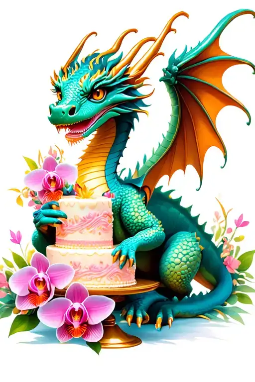 Colorful dragon holding a cake with orchid embellishments tattoo design idea