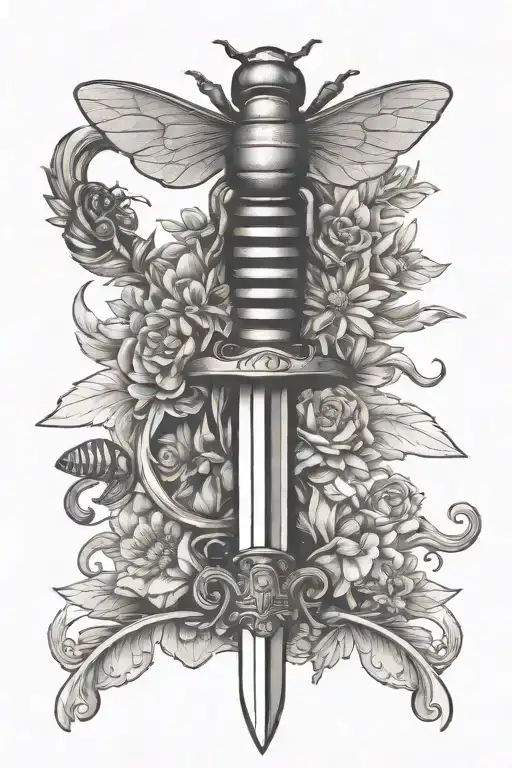 sword with a bee and key in the hilt tattoo design idea