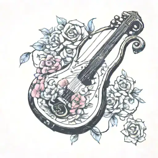 lyre with a broken string, covered with stickers tattoo design idea