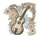 lyre with a broken string, covered with stickers tattoo design idea