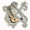 lyre with a broken string, covered with stickers tattoo design idea