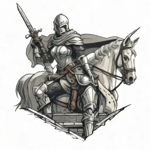 A cinematic medium shot of a female assassin-knight with a white and gray armor set, standing on a medieval roof. She ha tattoo design idea