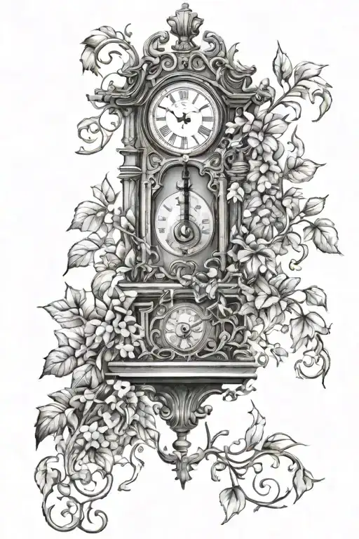 grandfather clock and vines growing tattoo design idea
