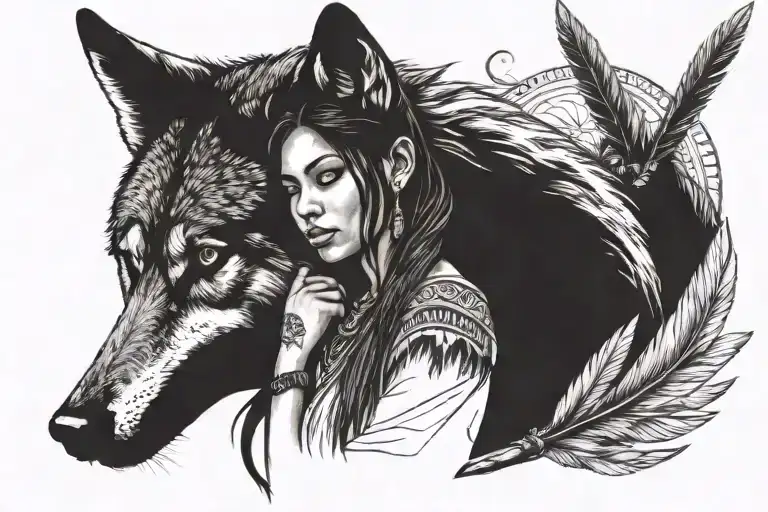 wolf trees feathers indian girl sitting with him holding his hand tattoo design idea