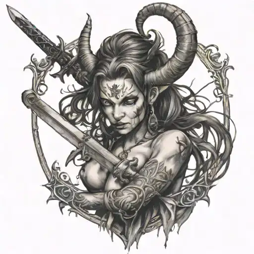 demon girl with sword surrounded tattoo design idea