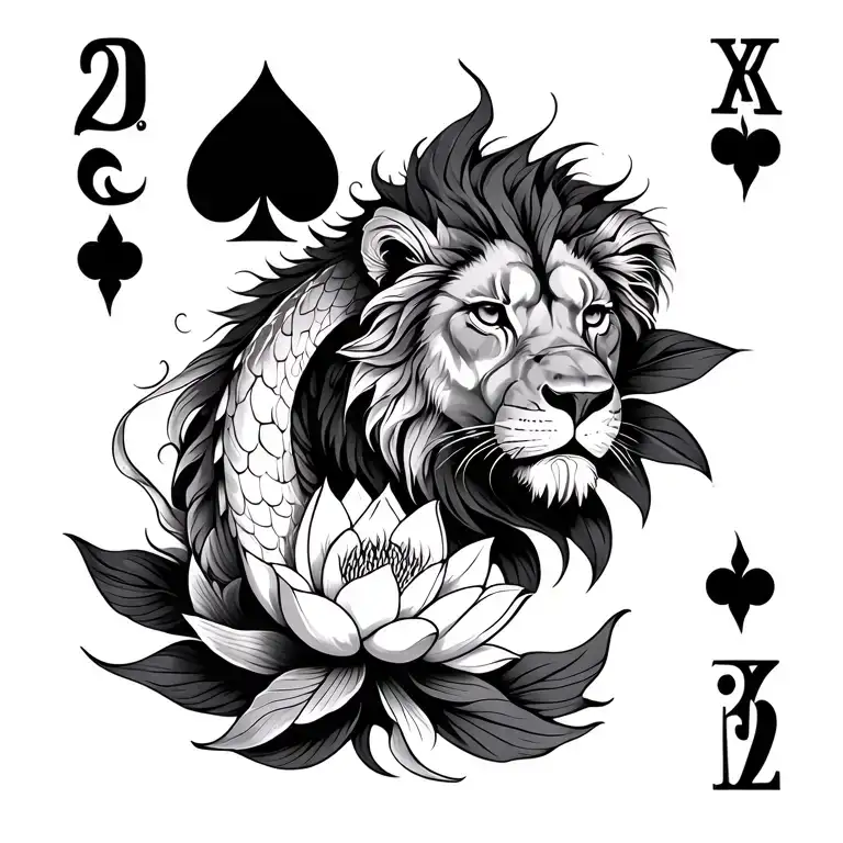 A mystical representation of the Poker card with a lion, a koi fish and lotus flower intertwined tattoo design idea