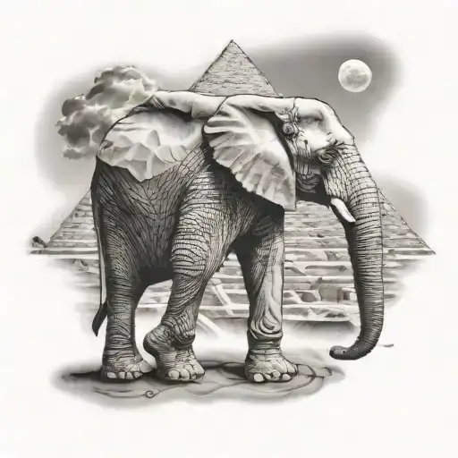 A black and grey tattoo of an African elephant standing in front of the Great Pyramids of Giza, symbolizing strength and ancient wonders tattoo design idea