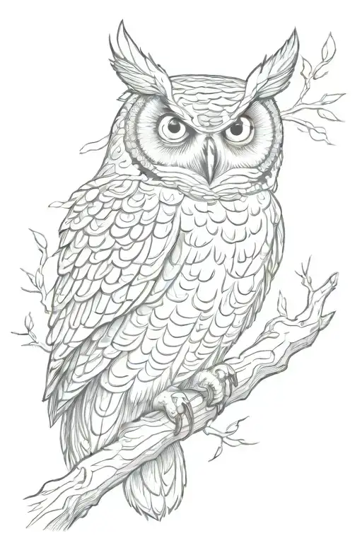 horned owl perched on a branch tattoo design idea